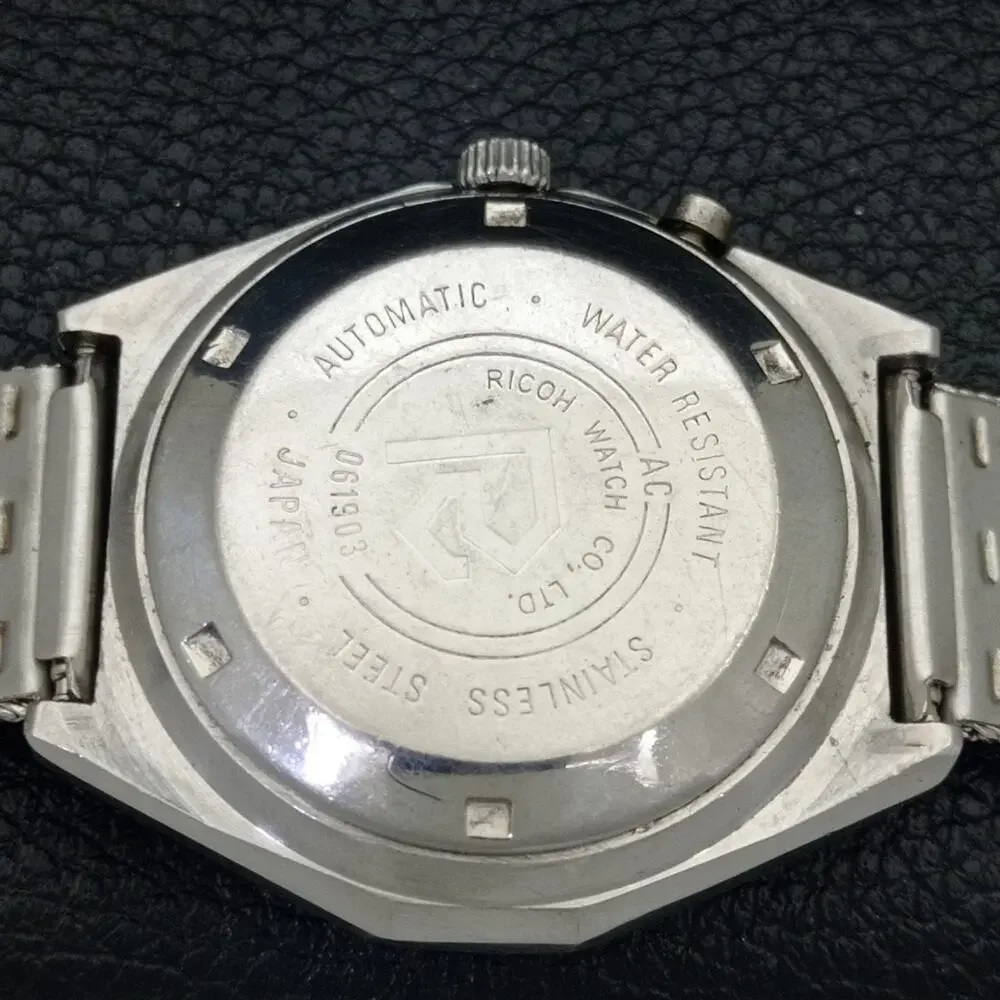 Vintage 1986 Ricoh Automatic Mens Silver Watch W/daydate & Blue accents